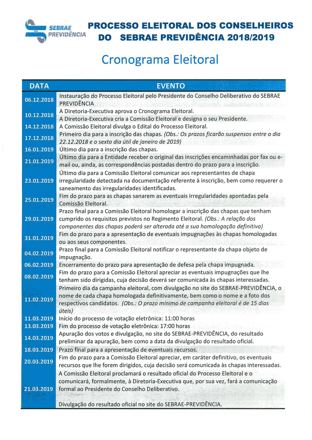 0111111 SEBRAE PROCESSO ELEITORAL DOS CONSELHEIROS, PREVIDÊNCIA DO SEBRAE PREVIDÊNCIA 2018/2019 Cronograma Eleitoral DATA 06.12.2018 10.12.2018 14.12.2018 17.12.2018 16.01.2019 21.01.2019 23.01.2019 25.