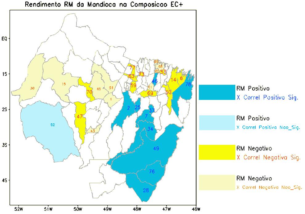 Figura 4 - Impactos dos extremos climáticos EC+ no rendimento RM da mandioca. Municípios em azul indicam RM positivo (favorável ao rendimento) e em amarelo RM negativo (desfavorável ao rendimento).