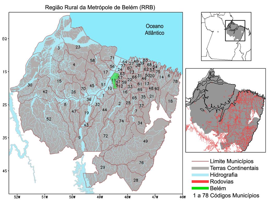 Adotou-se como área de estudo a Região Rural da Metrópole de Belém (RRB), a qual foi definida pelo IBGE (2015) através do Projeto Regiões Rurais 1 que concebeu uma nova divisão regional do Brasil a