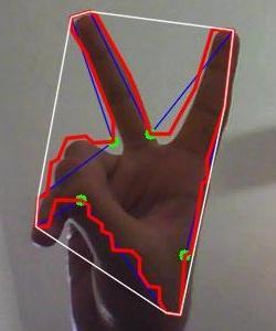 RECONHECIMENTO DE OBJETOS USANDO CORES E FORMAS 10 A Figura 1 mostra que exibindo apenas dois dedos, a mão não é reconhecida, pois existem insuficientes defeitos