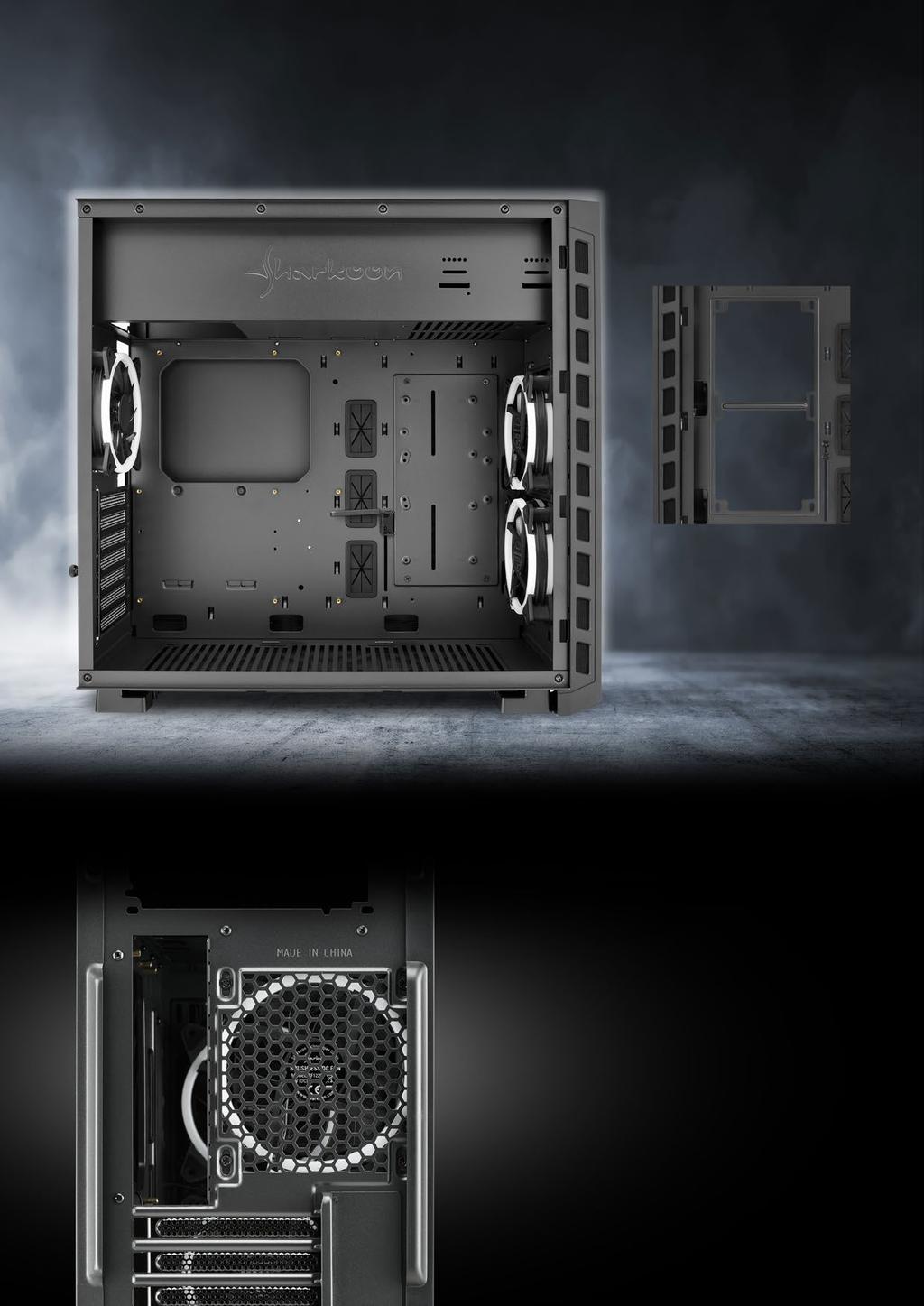 Diversas configurações de fluxo de ar Painel lateral Se a tampa de montagem do HDD / SSD for removida, até duas ventoinhas de 120 mm ou um radiador de 240 mm podem ser
