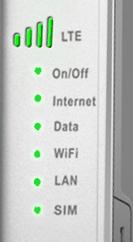 Indicadores LED * LTE * On/Off (Energia) * Internet * Dados * WiFi * LAN * SIM Indicadores LED LTE - Verde: força do sinal LTE/4G. Azul: força do sinal UMTS.