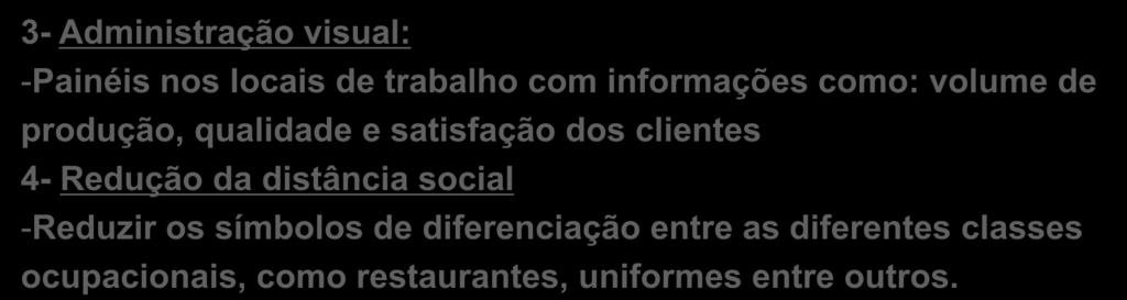 Informação 3- Administração visual: -Painéis nos locais de trabalho com informações como: volume de produção, qualidade e satisfação dos clientes 4-