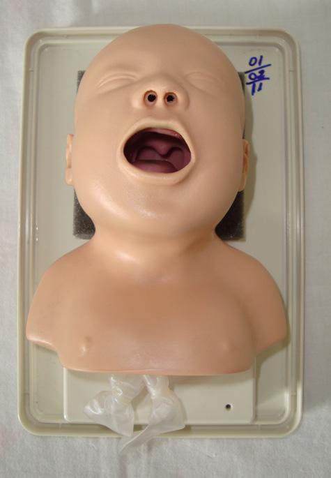 7 6 - Cabeça de intubação de lactente Função: Reproduz a anatomia das vias aéreas de um lactente de três meses para o ensino e prática de técnicas de manejo avançado