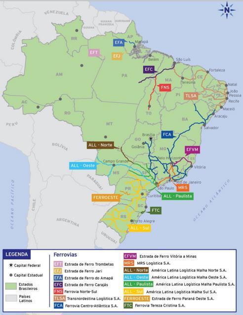 7.3 - Informações sobre produtos e serviços relativos aos segmentos operacionais Sistema Ferroviário Brasileiro (2016) Fonte: ANTT, CNT 1 A extensão total da malha ferroviária brasileira, incluindo