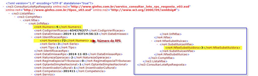 Tela 53 Exemplo do arquivo XML de substituição Observação: como no processo de substituição de NFS-e, a primeira nota enviada perde o efeito fiscal na prefeitura, o documento de marketing, referente