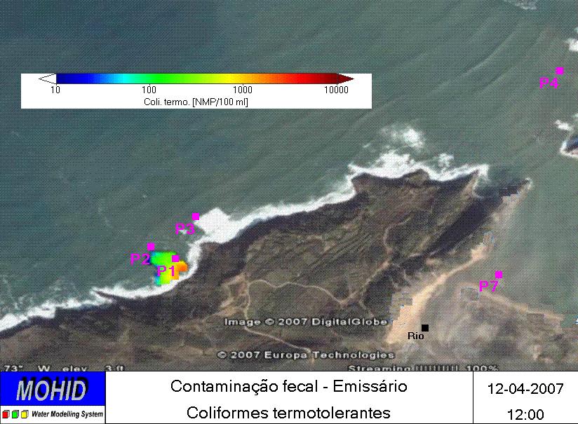 situação de preia-mar, o valor máximo obtido para a concentração de coliformes foi de 3 [MPN/100ml] no ponto P2 (cf. Figura 5).