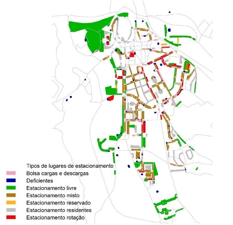 Figura 106 Distribuição do tipo de lugares na via pública No quantitativo de lugares livres, está incluída a oferta de lugares em parques de estacionamento gratuitos que se encontram distribuídos um