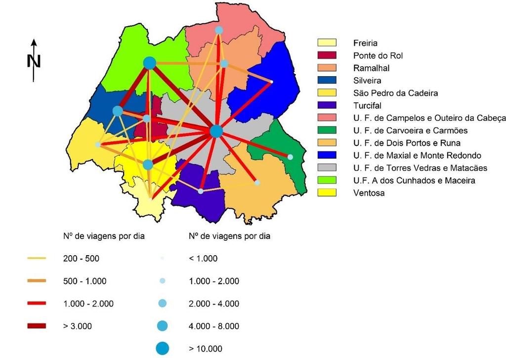 Figura 45 Fluxos entre freguesias de Torres Vedras A Tabela 26 apresenta a matriz mais detalhada do número de viagens diárias total entre freguesias de Torres Vedras.