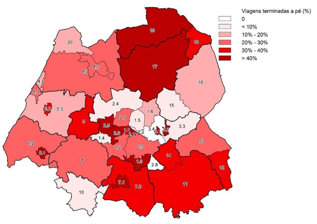 Figura 49 Percentagem de viagens pedonais, por zona A opção pelo modo pedonal é predominante nas deslocações de curta duração, verificando-se que 86% das viagens correspondem a deslocações com uma