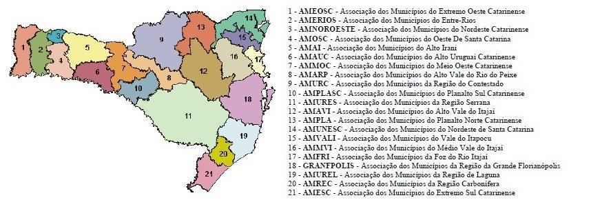 Figura 3: Mapa Associação de Municípios de Santa Catarina Fonte: BUTZKE LUCIANA, 2007 No caso da mesorregião Vale do Itajaí, a mesma apresenta três associações de municípios, conformo quadro a seguir.