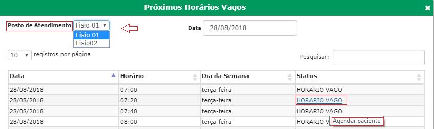 visualizar postos, depois selecionar Próximo Horário Vago Selecionar a