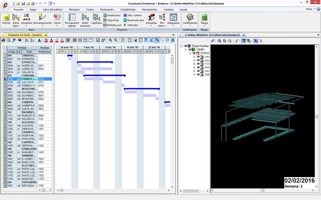 Função diagramas Diagrama de Gantt Trabalho com o modelo BIM 3D Os ícones e permitem utilizar o modelo BIM 3D no formato IFC, para visualizar simultaneamente as linhas de medição do orçamento e o