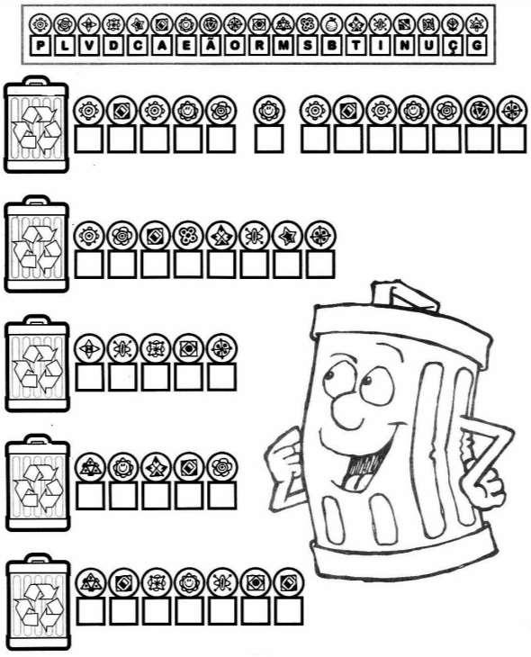 10. a) TROQUE os símbolos pelas letras para descobrir os nomes dos resíduos que correspondem a cada lata de lixo.
