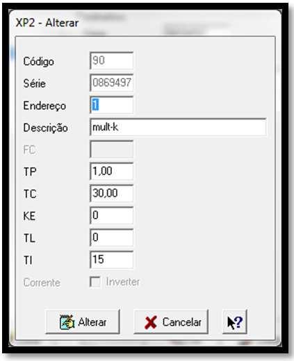 Endereço Descrição TP = 1 (não existe TP) TC = 200 (1000/5A) KE/PEnE = 0 (não existe saída de pulsos) TL = 0 (sistema trifásico estrela) TI = 15 (integração de demanda de 15 minutos) Tela de