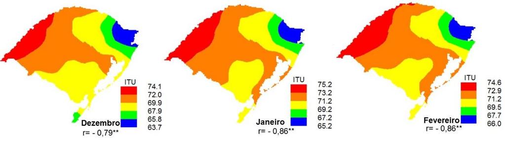 Figura 3 Temperatura média do ar compensada e umidade relativa do ar compensada para os vinte e sete municípios avaliados no estado do Rio Grande do Sul, durante os meses de dezembro, janeiro e