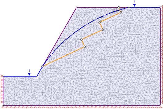 Fig.6.7. Modelo de talude com possível instabilidade por deslizamento com nível freático no Phase 2 A curva que passa no maciço correspondente à cunha tem a seguinte equação: yy = 0.000000053xx 6 + 0.