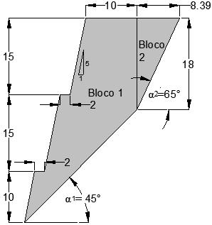 O talude do exemplo 2 apresenta uma altura de 45 metros e inclinação de 78.69 com a horizontal. A superfície de deslizamento do bloco 1 tem um comprimento de 31.