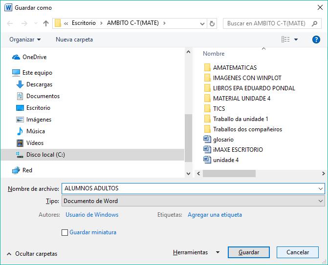 Coa opción Gardar gardamos o documento co nome que ten asignado; se non ten ningún, abrirá a ventá de Gardar como.