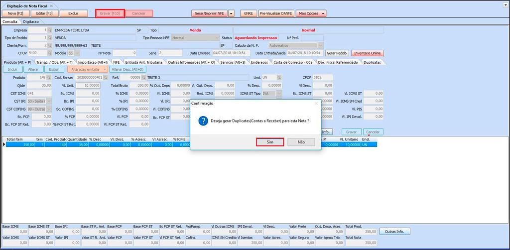 Gerando contas a receber a partir da Nota Fiscal Eletrônica: A tela de NF-e Digitação é utilizada para registrar e emitir notas fiscais.