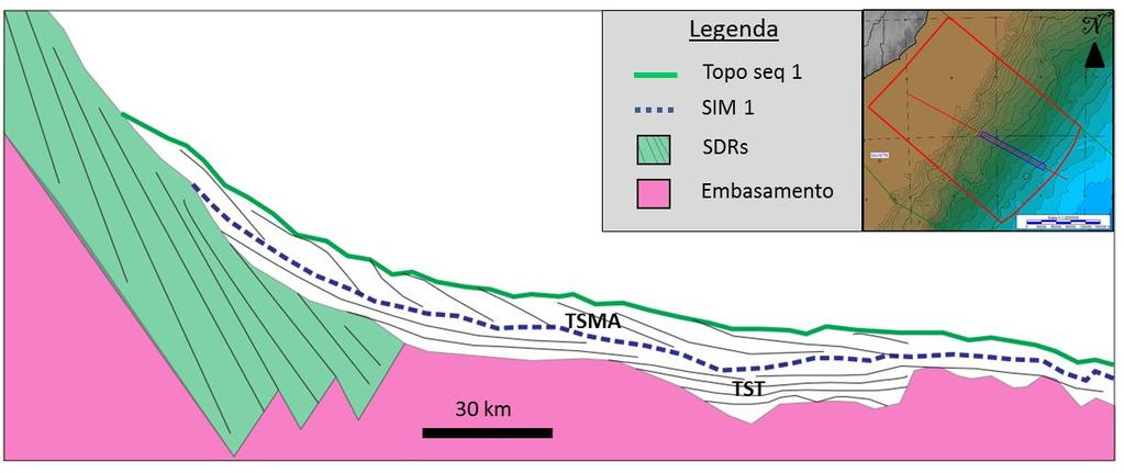 84 Figura 58: Esquema mostrando os tratos de sistema que compõem a sequência deposicional 1. TST: Trato de sistema transgressivo, TSMA: Trato de sistema de mar alto.