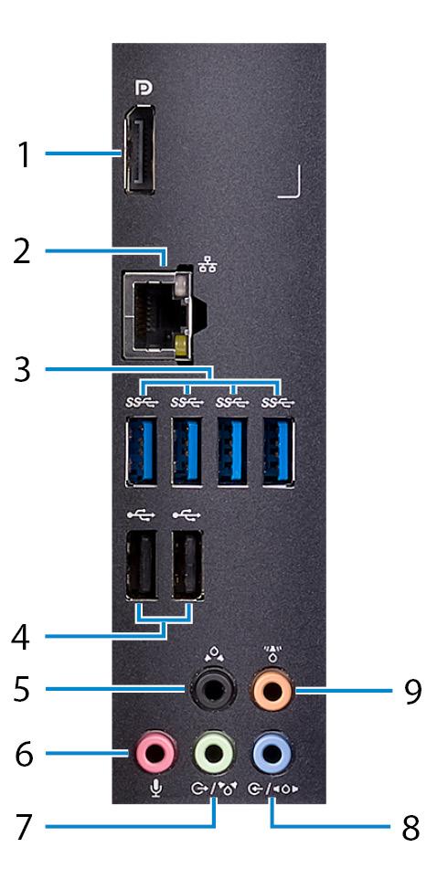 Painel traseiro 1 Porta do monitor Conecte apenas para realizar depuração. 2 Porta de rede NOTA: Use as portas de vídeo na placa gráfica dedicada para conectar as telas ou os projetores externos.