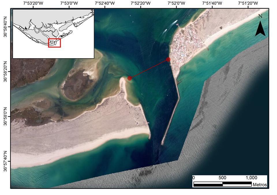 (ADP Bottom Track, Sontek) ao longo de uma secção reta perpendicular ao eixo do canal da barra (Figura 2.2), em intervalos de uma hora, ao longo de um ciclo de maré semidiurno. Figura 2.