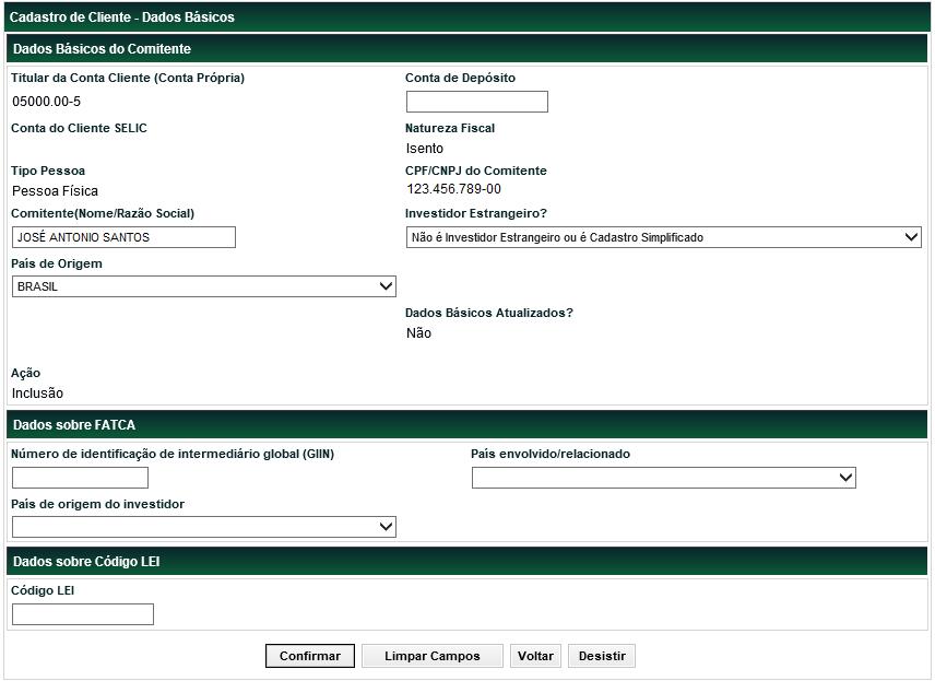 Identificação de Comitentes Após informar valores aos campos existentes na tela de filtro e clicar no botão Confirmar, o sistema apresenta tela com dados básicos do comitente e onde outros campos