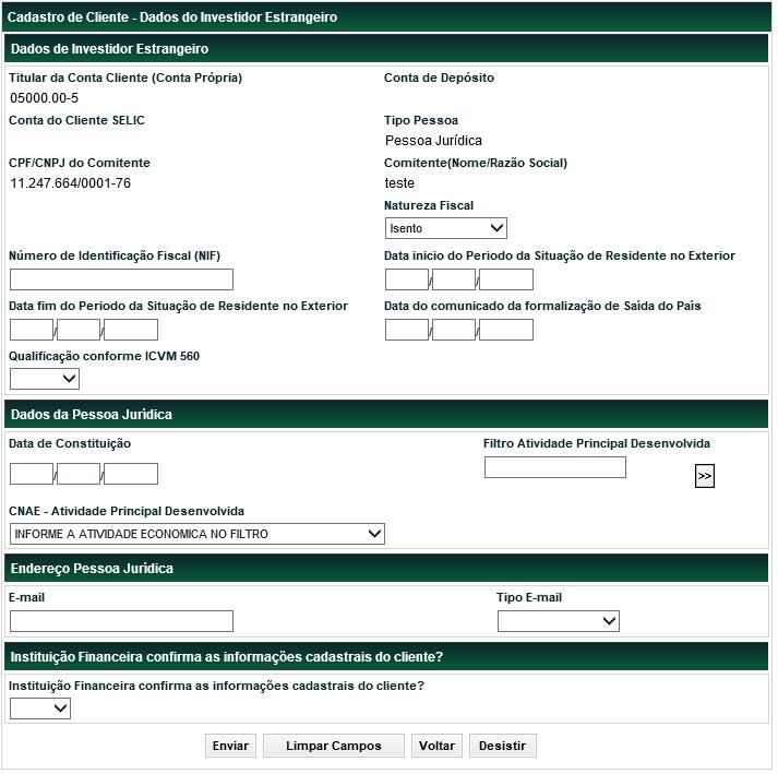 Identificação de Comitentes Tela Cadastro de Cliente Dados da Pessoa Jurídica,