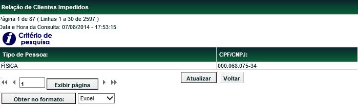 Tela Filtro Relação de Clientes Impedidos O Participante deve informar os campos da tela filtro para verificar se o Cliente está, ou não, impedido de negociar.