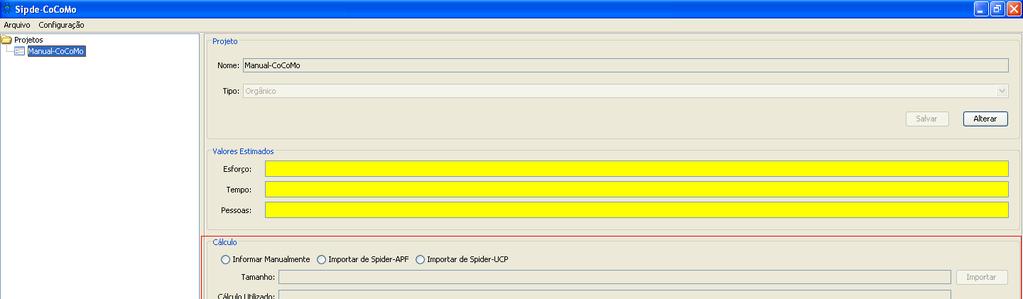 5.10.2. CoCoMo Intermediário Para este cálculo seleciona- se a opção Intermediário, mostrado a seguir.