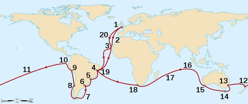 Viagem do Beagle, 1831-1836 Mapa da Viagem do Beagle, uma viagem de circunavegação com Charles Darwin, com os seguintes pontos de parada: 1 Plymouth - 2 Tenerife - 3 Cabo Verde - 4 Bahia - 5 Rio de