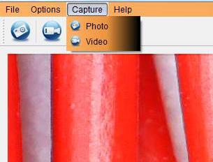 Capture uma foto estática ou um vídeo em qualquer momento ao usar o microscópio, use os ícones ou o menu suspenso no software Micro Capture Plus.