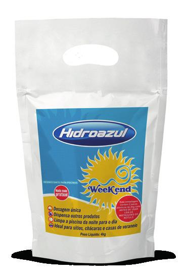 cloro; Nova função Algicida. Produto com ação prolongada, não deposita resíduos insolúveis na água. Embalagens de 1 kg, 10 kg e 50 kg. Condicionamento: 4 g para cada 1.