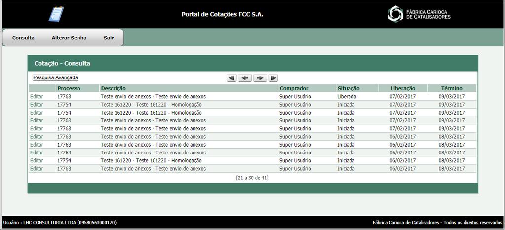 Após efetuar o login no portal, observe a parte inferior esquerda da tela do navegador e certifique-se que o nome do usuário e o CNPJ da empresa estão corretos, conforme destacado na figura abaixo: