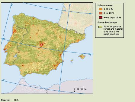 Urban Sprawl na Península Ibérica Em 2000 a zona costeira,