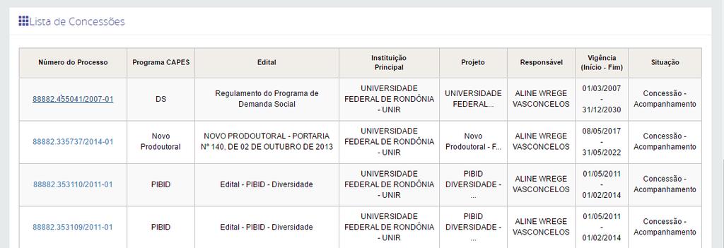 Como resultado da consulta, o sistema exibirá uma lista com as concessões que o usuário seja o responsável