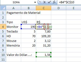 Para isso fixamos da seguinte forma: $C$10. $C: O $ é usado para fixar linha ou coluna, no caso fixamos a coluna C.