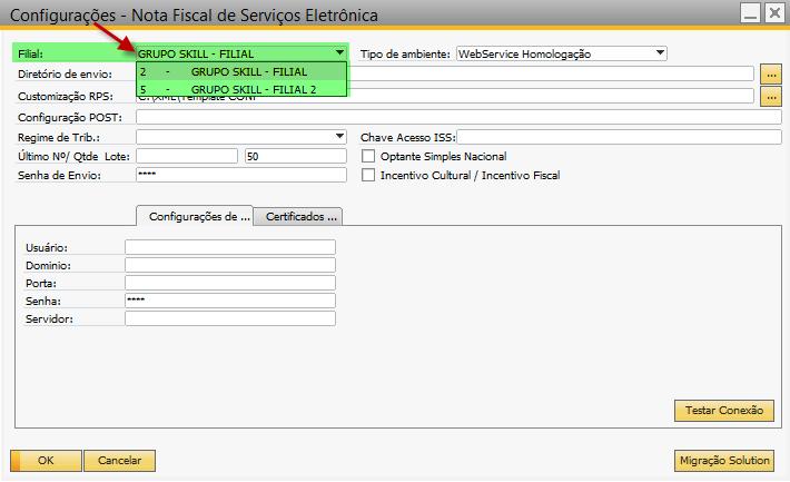 Tela 2 Configuração para multifiliais são: As configurações que devem ser realizadas para a prefeitura de