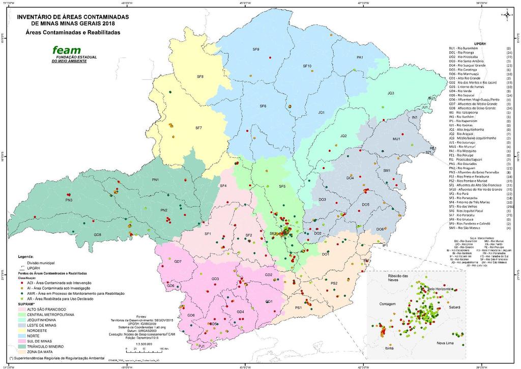 Figura 7 - Distribuição geográfica das áreas contaminadas em Minas