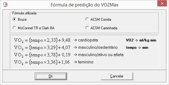 Para configurar a FÓRMULA PARA CÁLCULO DE VO2MAX, clicar no ícone. A janela de configuração, abaixo, irá abrir (protocolo dependente, isto é, para cada protocolo é aberta uma tela diferente).