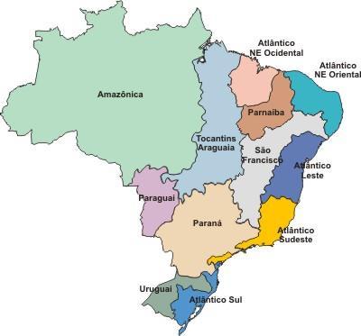 A Divisão Hidrográfica Nacional 1- Amazônica 2 - Tocantins Araguaia 3 - São Francisco 4 - Atlântico NE Ocidental 5 - Atlântico NE Oriental 6 - Parnaíba 7 - Atlântico Leste 8 - Atlântico SE 9 - Paraná
