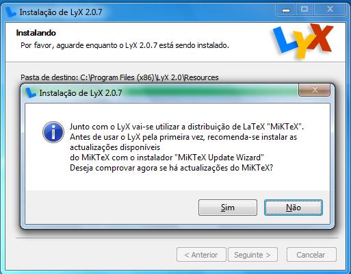 26-Nesta etapa, o LyX solicitará se deve verificar por atualizações para o