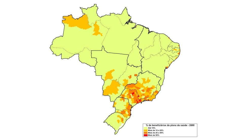 Porcentual da população beneficiária de planos de saúde segundo regiões de saúde. Brasil, 2000 e 2014. V IANA, AL et al.