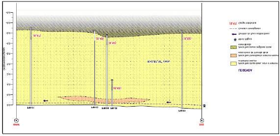 Figura 27 Seção hidrogeológica no site Km 5,0 Figura 28 - Mapa potenciométrico - aqüífero livre - março/04 site Km 5,0 Os resultados das análises químicas assinalaram, para todos os compostos