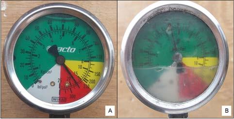 4. Manômetro: é de extrema importância para determinar a pressão do sistema e com isso permitir a regulagem do volume, da vazão e do tamanho das gotas.