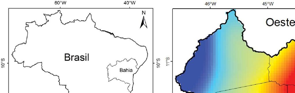 Caracterização Fenológica da Cobertura Vegetal do Oeste da Bahia Fig. 1 - Mapa de localização do Oeste da Bahia, com destaque para o mapa do índice pluviométrico médio anual da região.