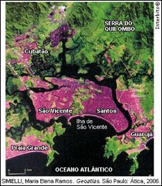 3) Na imagem, visualiza-se a região da Baixada Santista, com as diversas cidades que compõem esse espaço do litoral paulista.