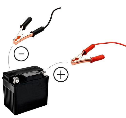 MOTORES EQUIPADOS COM PARTIDA ELÉTRICA CONEXÃO DA BATERIA NO MOTOR 1. Acople o cabo vermelho no polo positivo (+) da bateria. 2. Acople o cabo preto no polo negativo (-) da bateria.