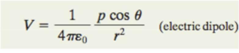 Podemos aproximar V como onde θ é medido a partir do eixo do dipolo como mostrado em (a). E uma vez que p=qd : (a) O ponto P está a uma distância r do ponto central O de um dipolo.